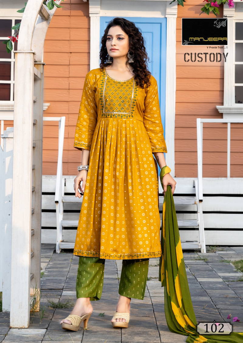 Custody By Manjeera Naira Cut Kurti With Bottom Dupatta Catalog
